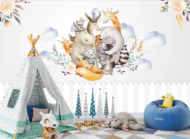 3D Hand Drawn Winter Animal Floral Wall Mural Wallpaper Lqh 360