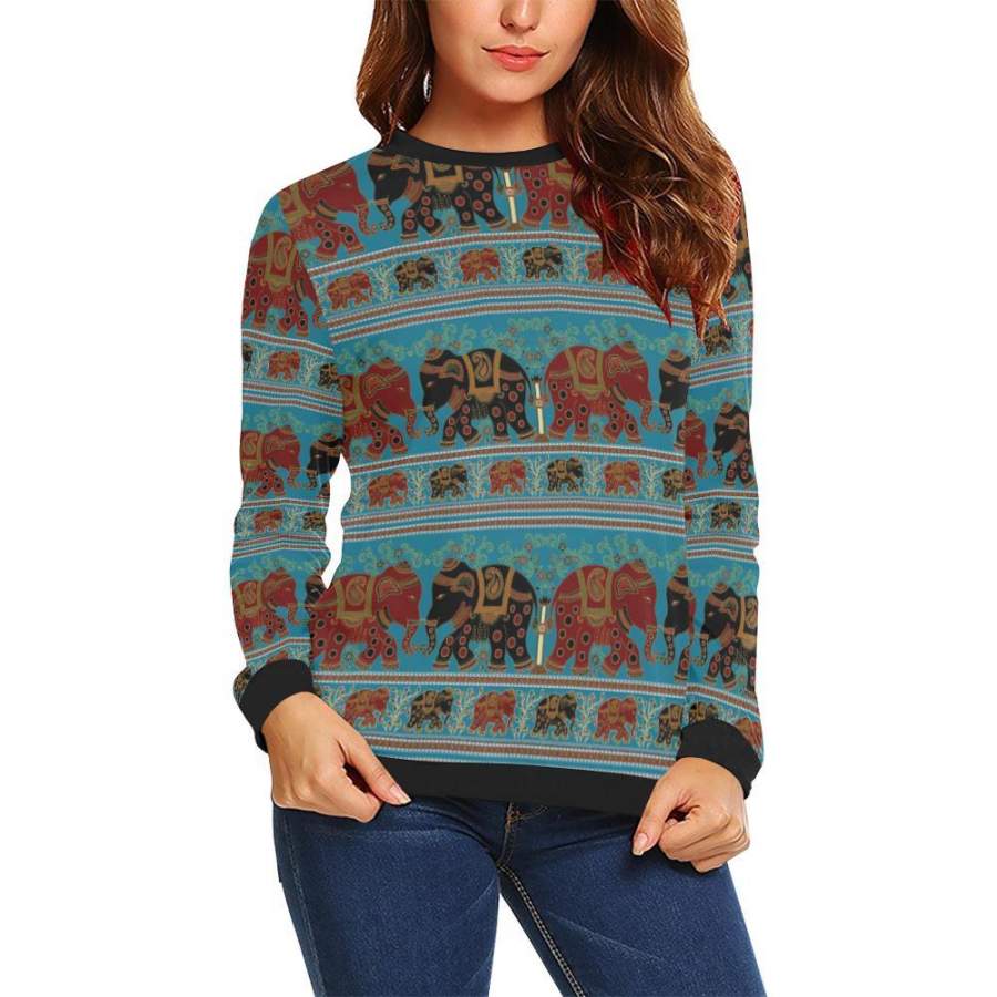 Tribal Elephant Print Women Crewneck Sweatshirt