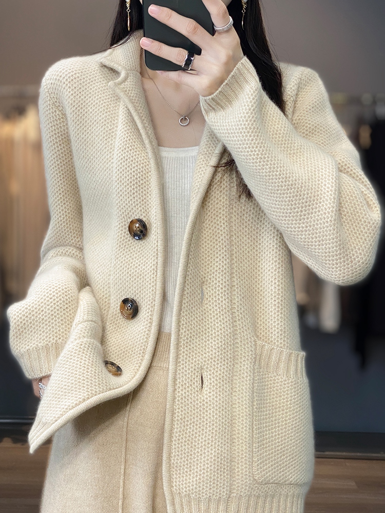 100% Merino Wool Cardigan Women’s Suit Collar CashmereCoat Casual Knitting Thickened Jacket Fashion Korean Autumn Winter Tops alx