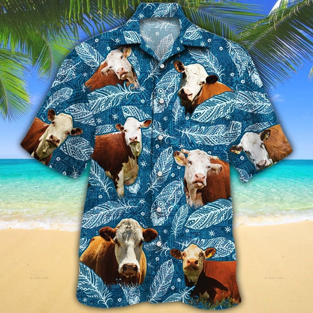 Hereford Cattle Lovers Blue Feather Hawaii Shirt Ha47004