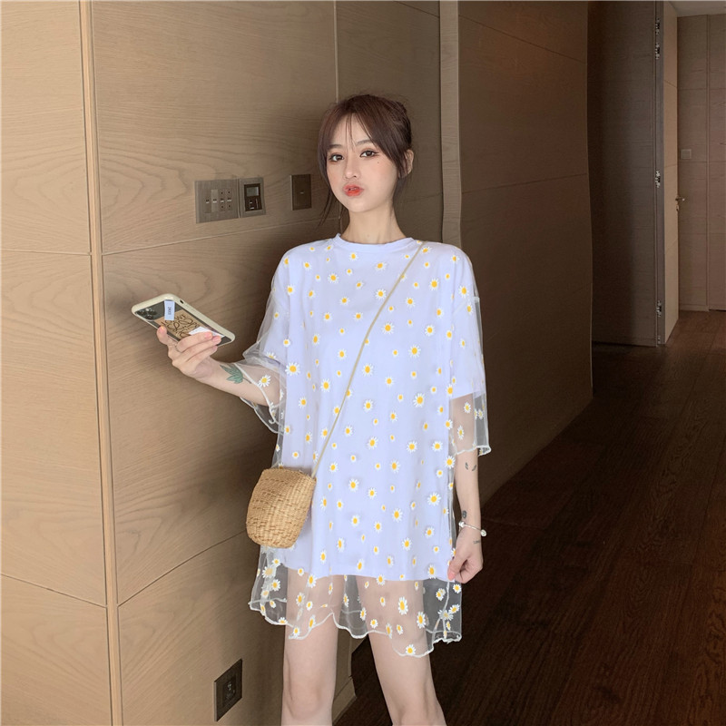 Summer Streetwear T Shirt Woman Daisy Print Mesh Patchwork Top Tee 2021 loose Korean Women Clothes Casual Black White TShirt alx