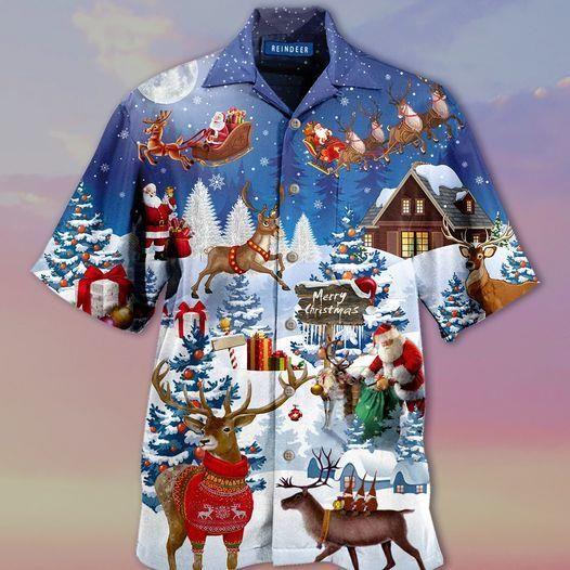 Beach Shirt Reindeer With Santa Claus Merry Christmas Hawaiian Shirts 101220Dh