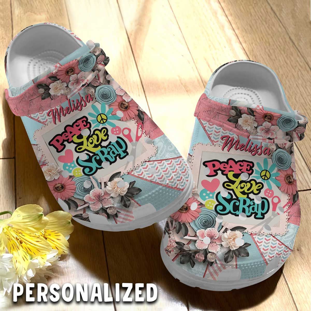 Scrapbooking Personalized Clog, Custom Name, Text Peace Love Scrap, Fashion Style For Women, Men, Kid, Print 3D