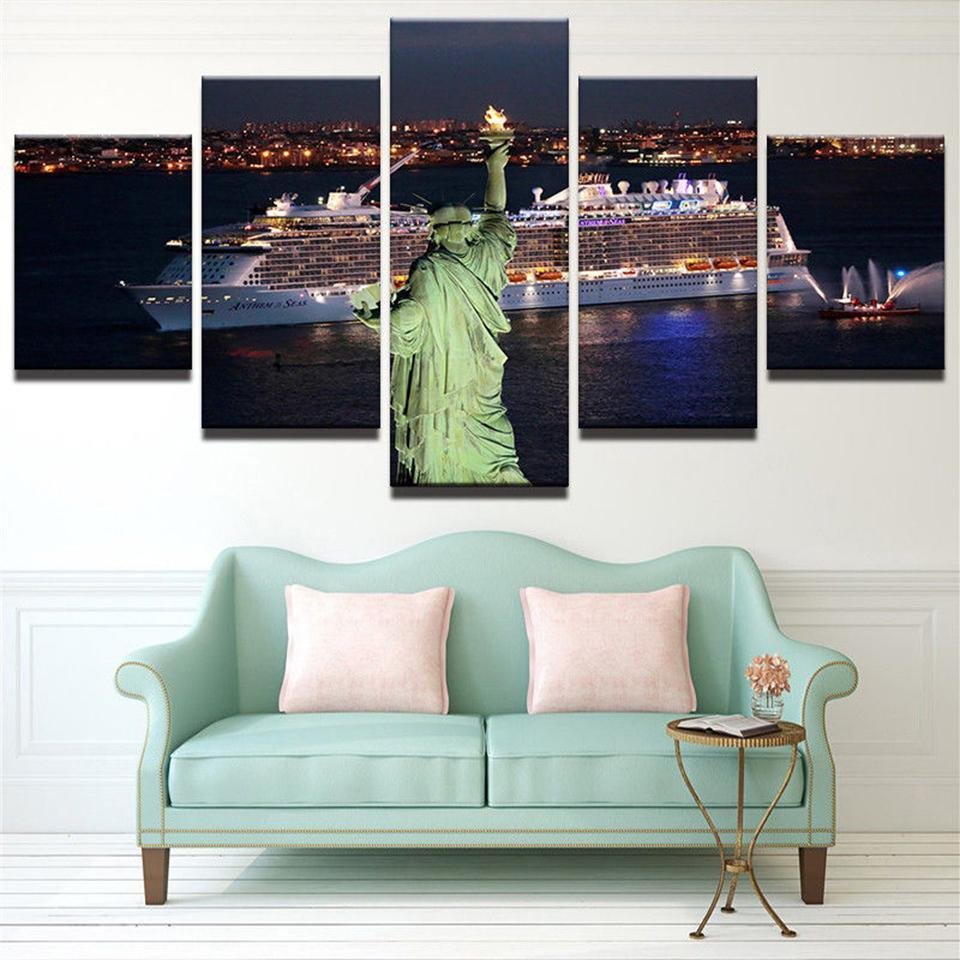 Statue Of Liberty Ship Night View Nature 5 Panel Canvas Art Wall Decor
