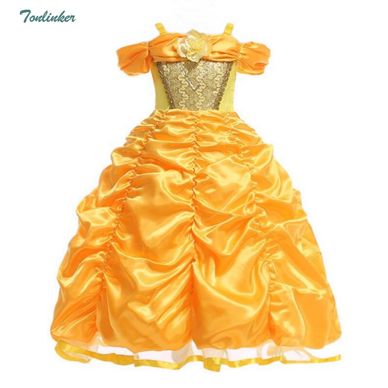 Birthday Party Costume For Girls Yellow Belle Princess Dress Flowers Lace Embroidery Ball Gown Kids Halloween Cosplay Clothes alx