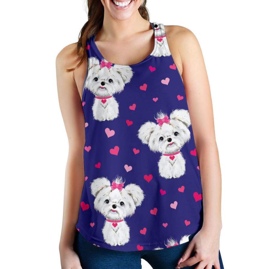 Puppy Dog Maltese Pattern Print Racerback Tank Tops