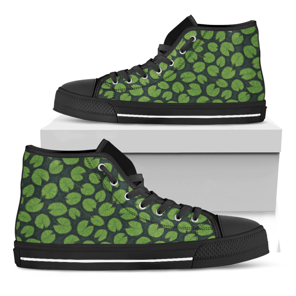 Water Lily Pads Pattern Print Black High Top Shoes