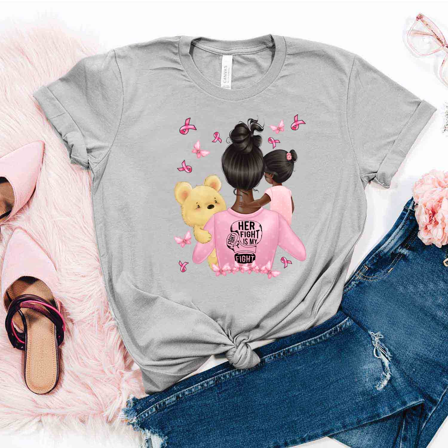 Her Fight In My Fight Shirt Mom Daughter – Breast Cancer Awareness T-Shirt Christmas Gifts For Mom Daughter Friends Hoodies Sweater Pink