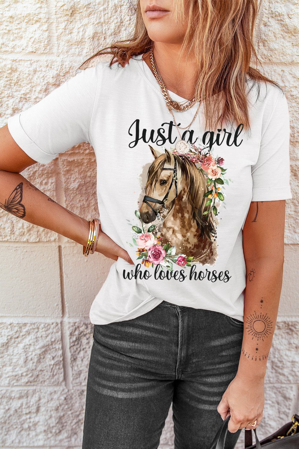 Western Horse White Animal Print Casual T-Shirt