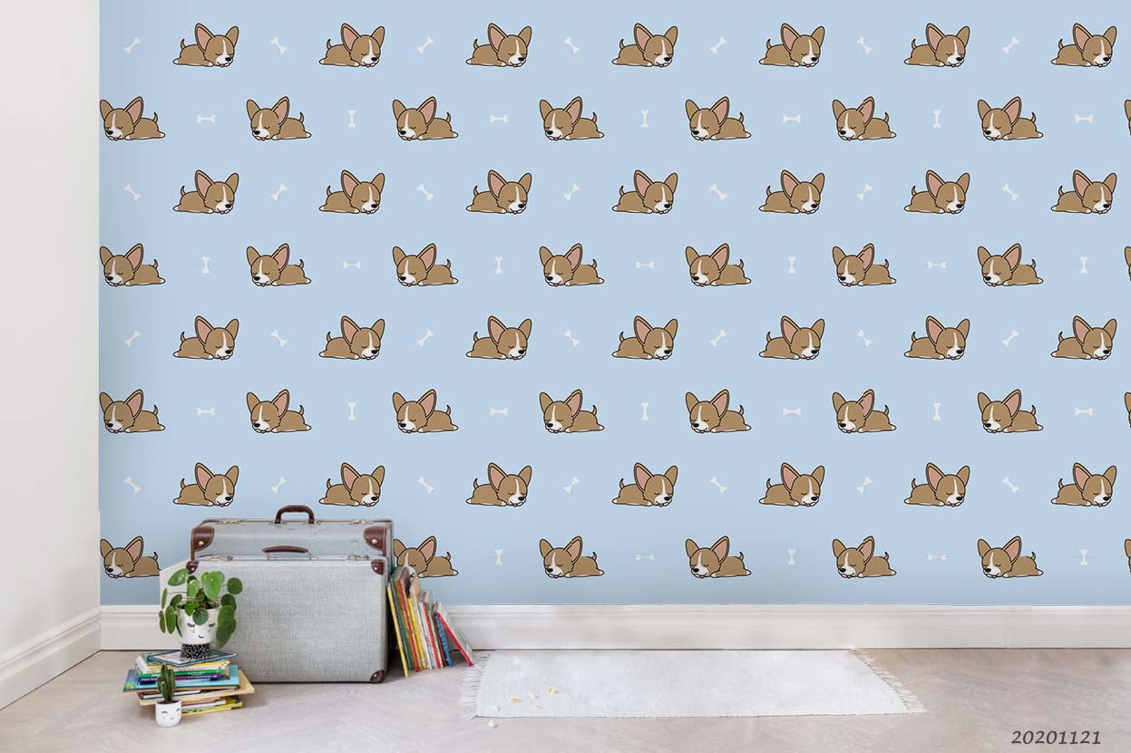 3D Cartoon Hand Drawn Corgi Dog Animal Pattern Blue Wall Mural Wallpaper Lxl