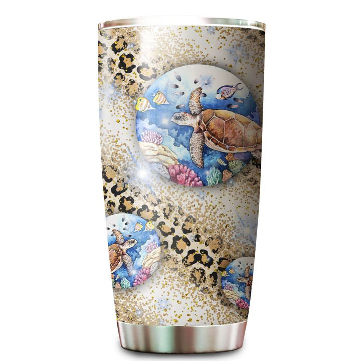 Cute Lovely Glitter Turtle Under The Sea Leopard Pattern Stainless Steel Skinny Tumbler Bulk, Double Wall Vacuum Slim Water Tumbler Cup With Lid, Reusable Metal Travel Coffee Mug