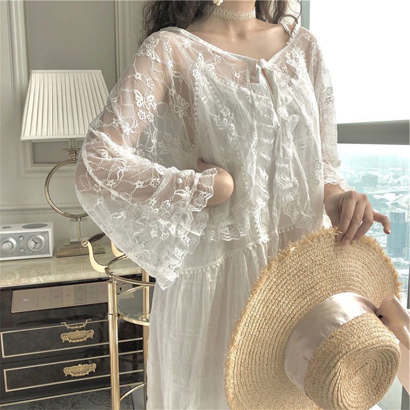 Summer Embroidered Lady Tops Casual Chiffon Lace Blouse Women Spring Female Shirt Women Coat Beach Hollow Out Shirts New 21974 alx