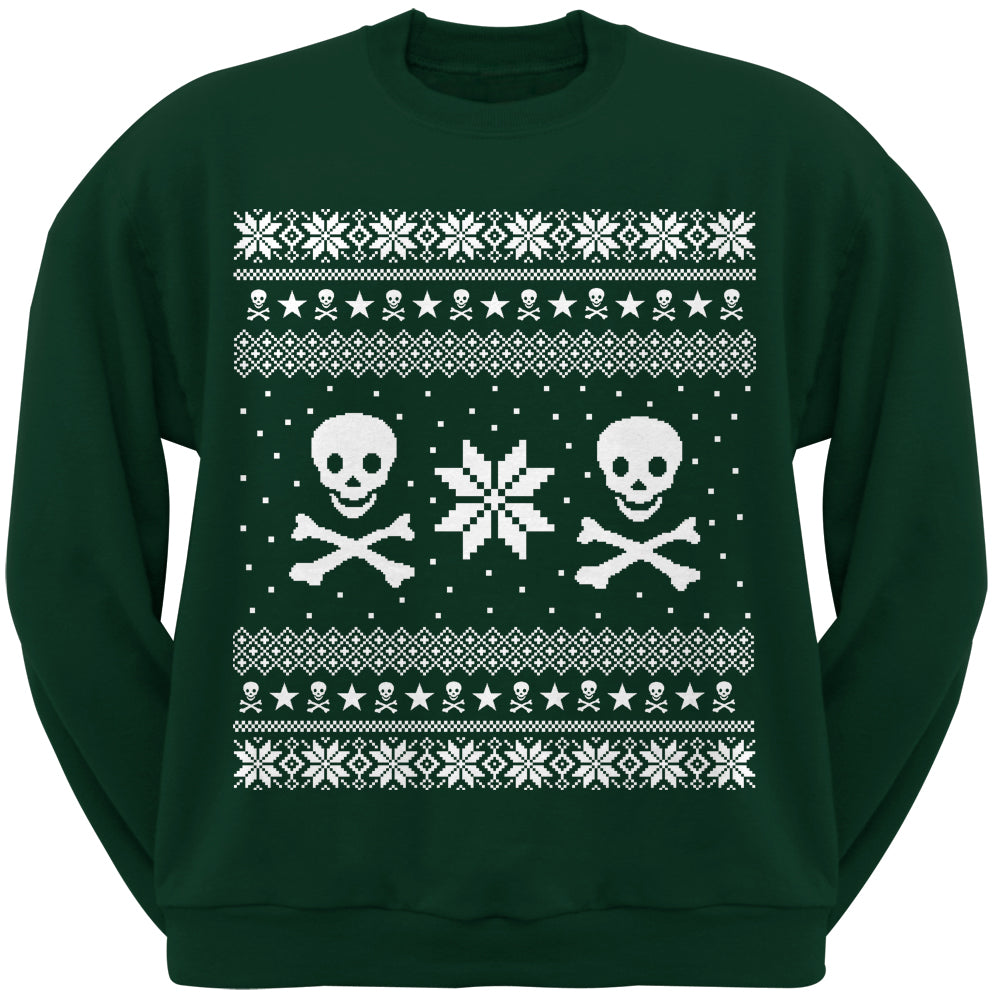 Skull & Crossbones Ugly Christmas Sweater Adult Dark Green Crew Neck Sweatshirt