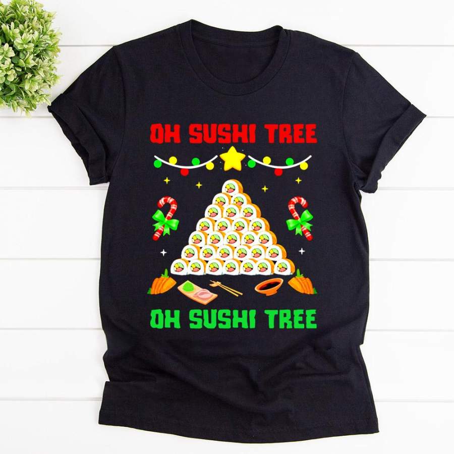 Sushi tree oh sushi tree christmas candy cane light black cotton t shirt for men and women S-6XL