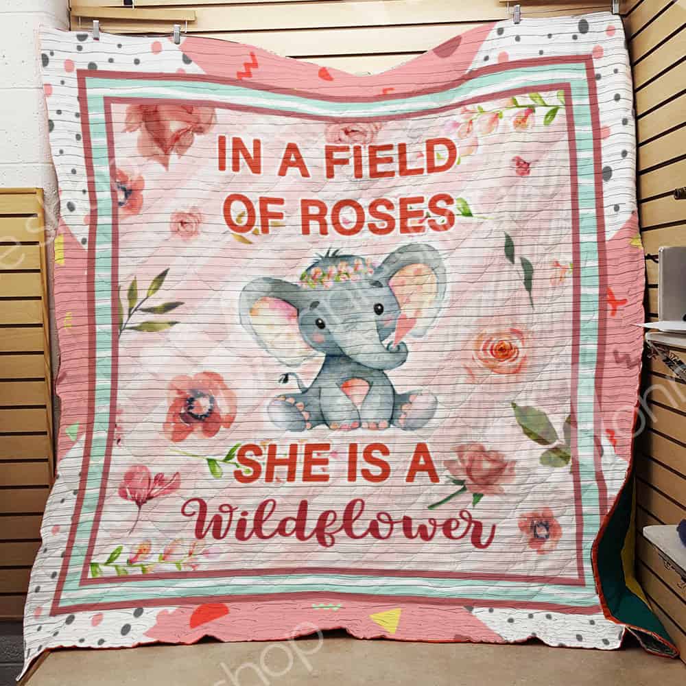 Baby Elephant  Loves Flowers  In A Field Of Roses  Quilt Blanket