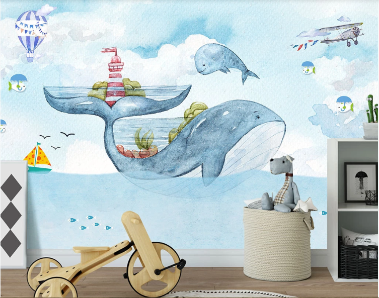 3D Blue Watercolor Whale Lighthouse Plane Hot Air Balloon Wall Mural Wallpaper C198