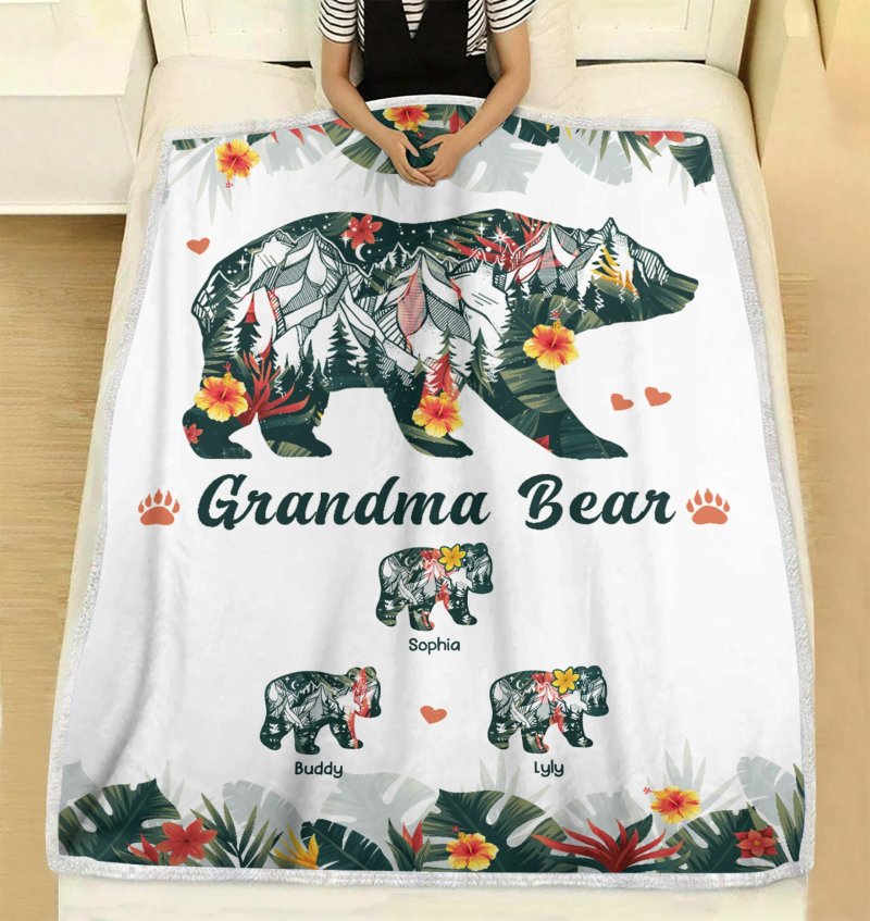 Grandma Bear Flower Personalized Blanket, Best Gift For Grandma