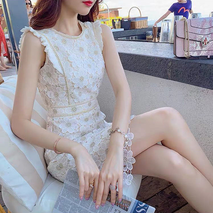 Matakawa Midi Dress Korean O Neck Sleeveless Lace Robe Femme Summer Elegant Slim Waist Bodycon Dresses Patchwork Pearl Vestido alx