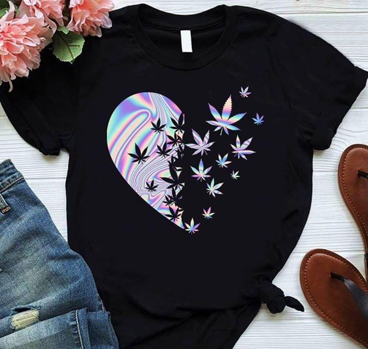 Weed Canabis  Leaf Flying Heart Holographic For Lovers Cotton T Shirt