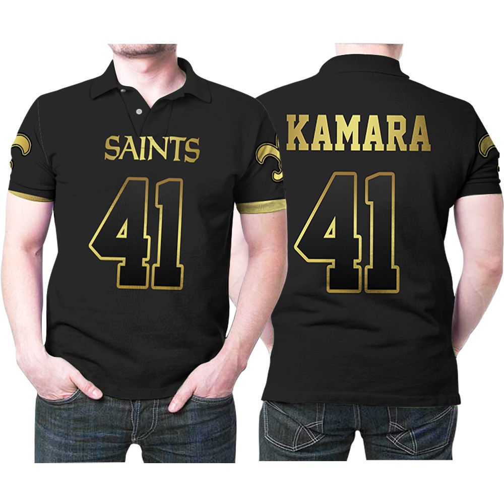 New Orleans Saints Alvin Kamara 41 American Football Team Black Golden Edition Vapor Jersey Style Gift For Saints Fans Polo Shirt