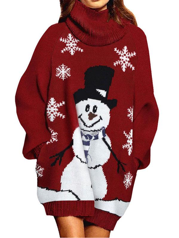 Womens Turtleneck Ugly Christmas Sweater Snowman Oversize Sweater Dress