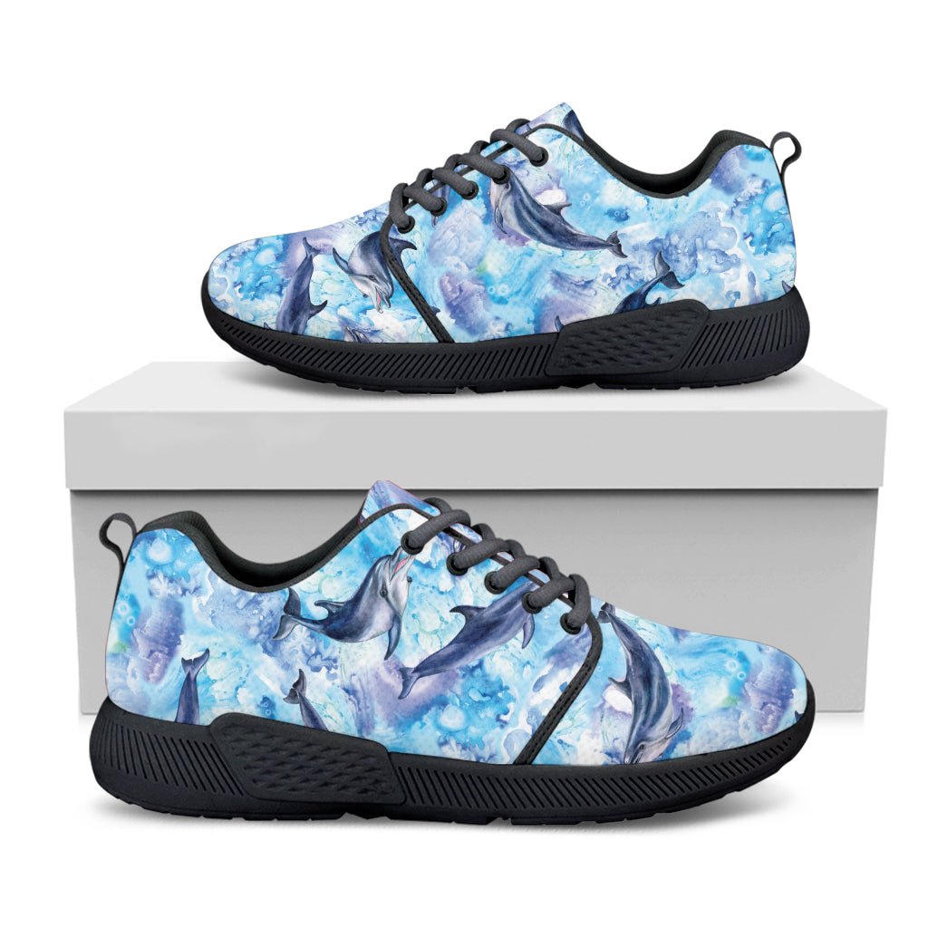 Watercolor Dolphin In The Sea Print Black Athletic Shoes