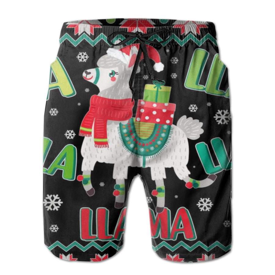 2 Pack Fa Lla Lla Lla Llama Ugly Christmas Sweater Poster Men Swim Trunks Drawstring Elastic Waist Quick Dry Beach Shorts with Mesh Lining Swimwear Bathing Suits