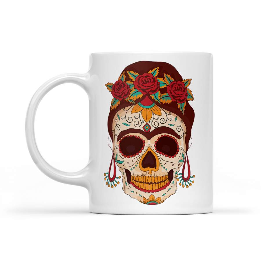 Woman Sugar Skull With Flowers Dia De Los Muertos Day Dead – White Mug