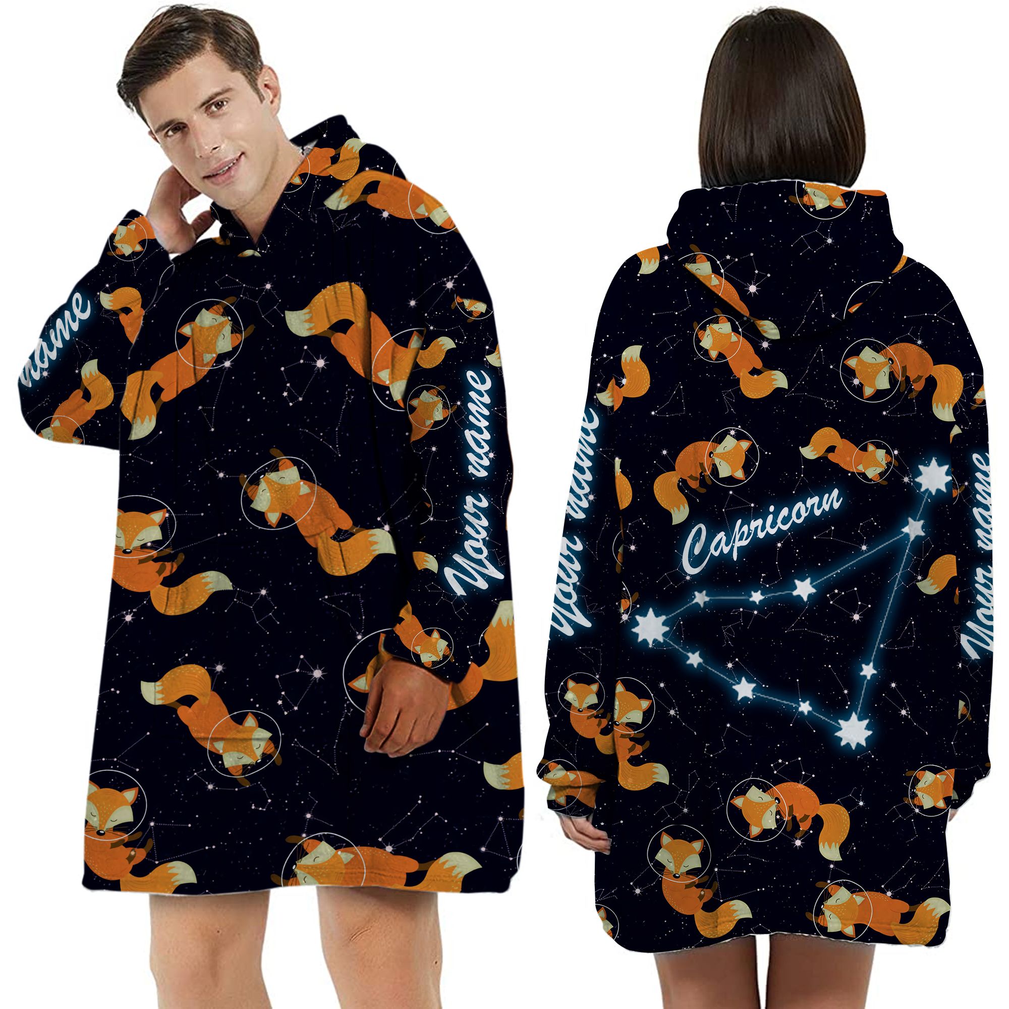 Zodiac Capricorn Foxes Custom Name Huggle Hoodie For Animal And Astronomy Lovers