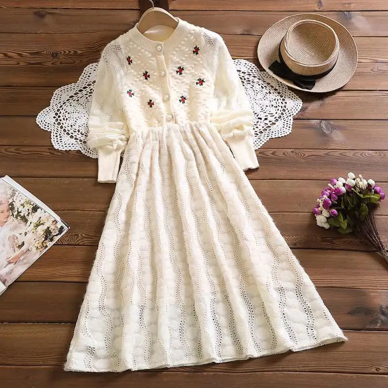 2021 New Fashion Ladies Embroidered Flower Dress Women O Neck Long Sleeve Elegant Patchwork Lace Hollow Out Knitted Midi Dress alx