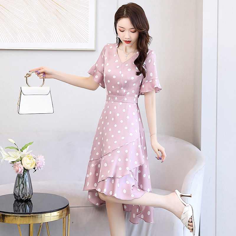 Women’s Dot Print V-Neck Korean Dress High Quality Chiffon Chiffon Elegant Dress Slim Waist Butterfly Sleeve Plus Size Vestidos alx