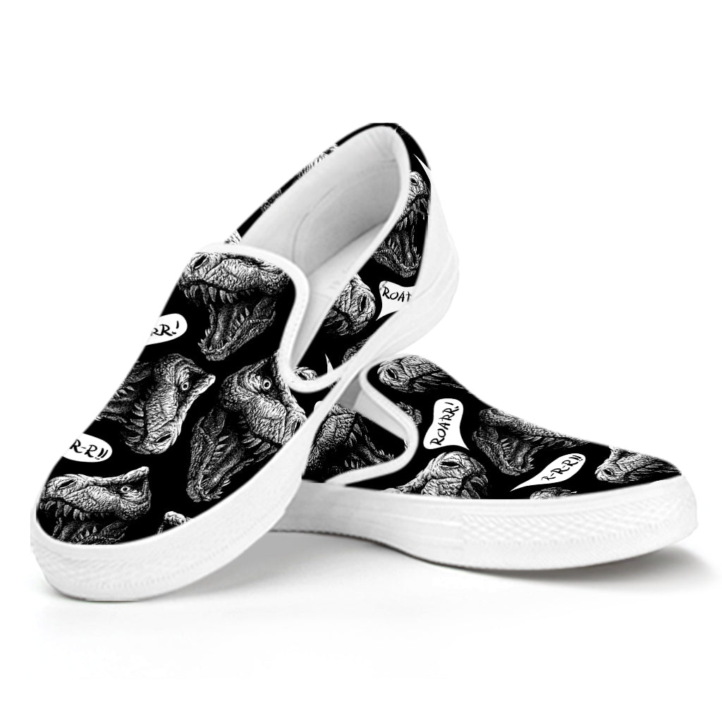 Black And White T-Rex Dinosaur Print White Slip On Shoes