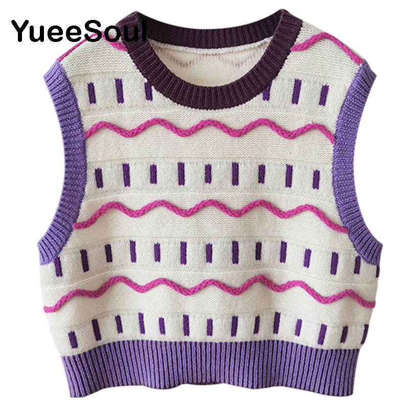 Vintage Cute Women Sweater Vest 2021 New Sleeveless Loose Knitted Vest Sweater Y2K 90s Fashion Female Waistcoat Chic Tops alx