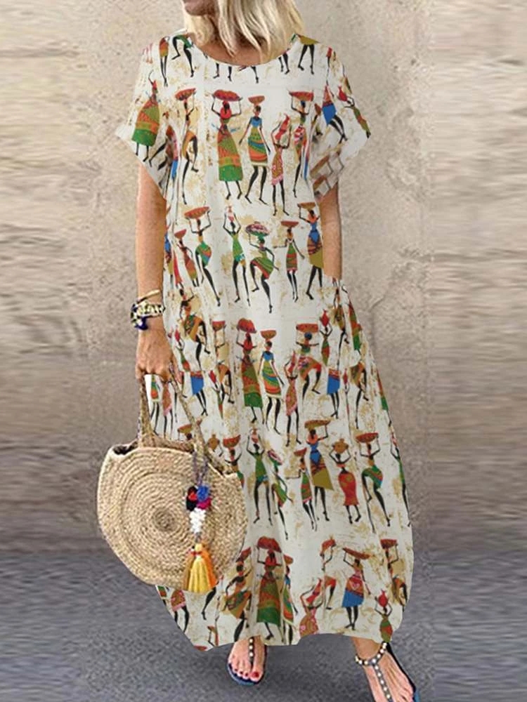 Women’s Summer Sundress Stylish Cartoon Print Maxi Dress Casual Short Sleeve Tunic Vestidos Female O Neck Robe Club Dresses alx