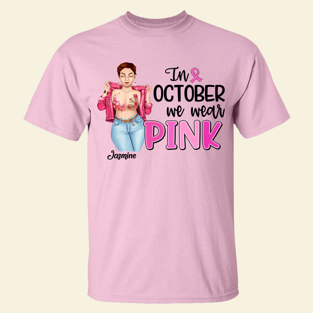 In October We Wear Pink, Personalized Breast Cancer Shirt, Pink Ribbon Girl