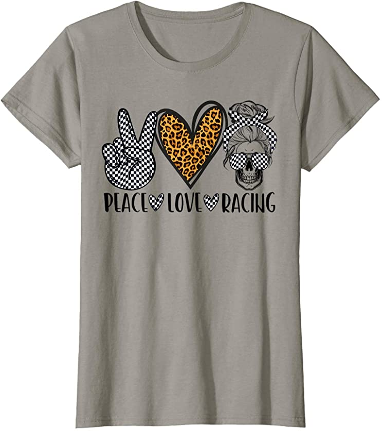 Womens Dy Peace Love Racing Messy Bun Skull Leopard Print T-Shirt