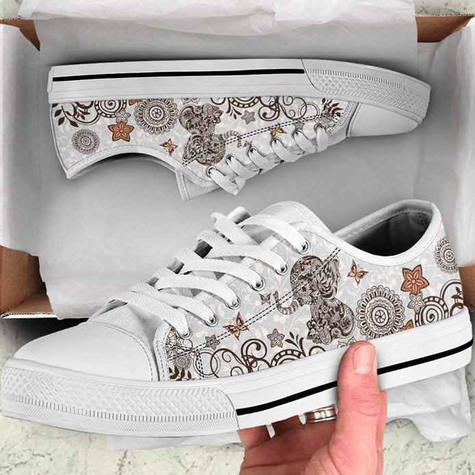 Baby Elephants Mandala Birthday Gift Fashion White Canvas Low Top Shoes