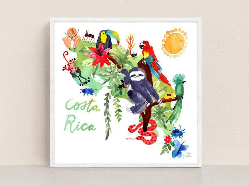 Costa Rica By Sara Franklin, Watercolor Tropical Map Art Fathers Day Gift Sloth Print Idea For Him Dads Travel Pura Vida Poster Beach Decor
