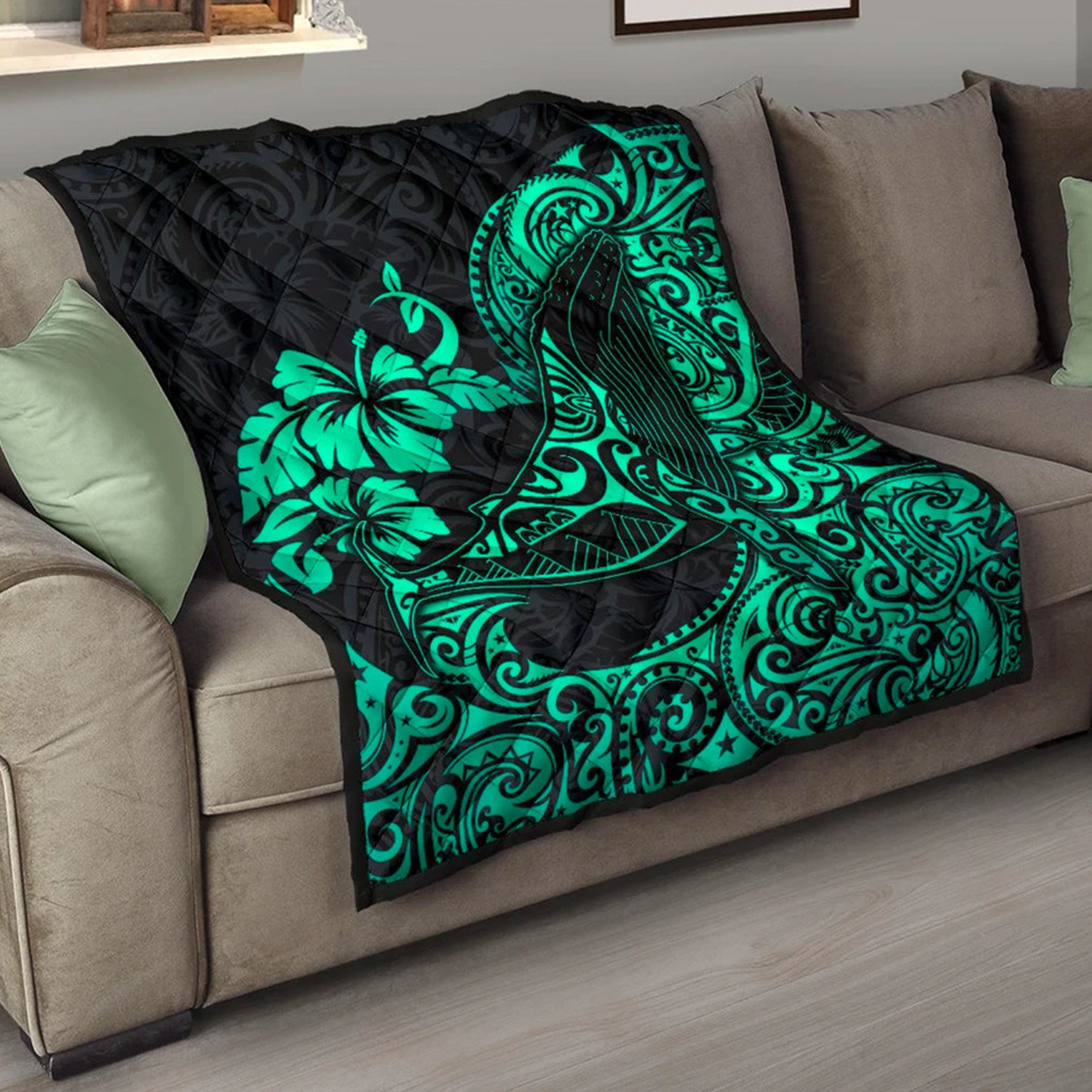 Polynesian Hawaii Premium Quilt – Polynesian Turquoise Humpback Whale – BN15