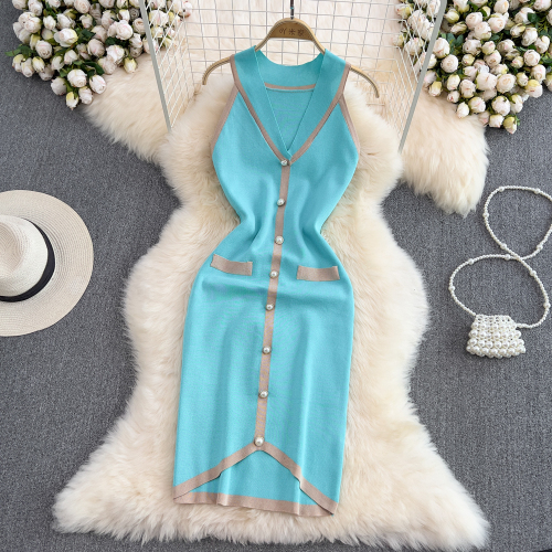 Beach Knitted Dress Bodycon Korean Style Vestidos Sleeveless Knit Robe Femme Elegant Colorblock Dresses for Women Dropshipping alx