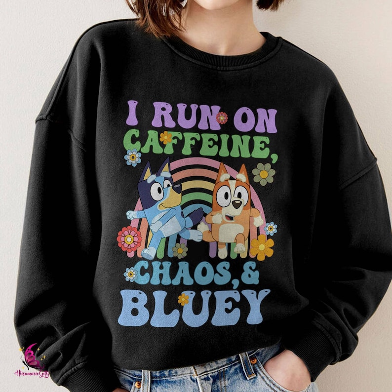 Running on Caffeine Chaos and Bluey Mom Shirt, Chilli Heeler Shirt, Mom Bluey Shirt, Mama Shirt, Chilli Heeler Bluey Family Shirt