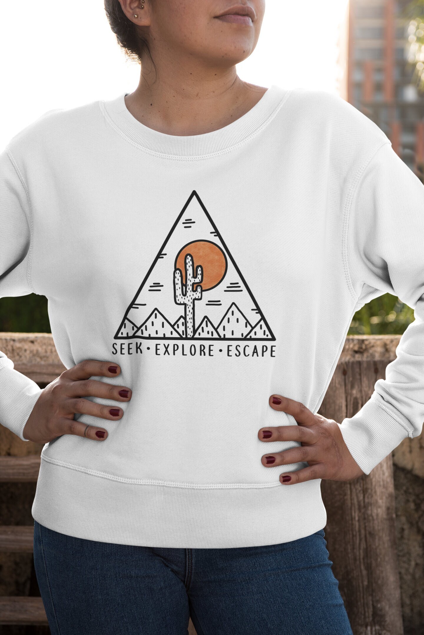 Adventure Sweater, Hiking Sweatshirt with Desert Cactus Illustration, Travel Sweater Gift