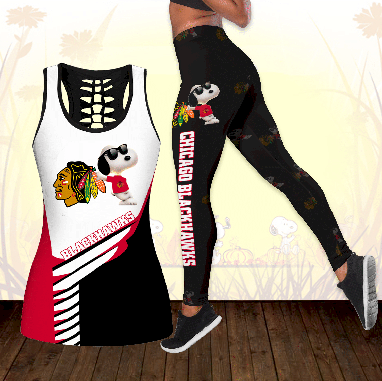 Combo Chicago Blackhawks Snoopy Hollow Tanktop Leggings Set K1757