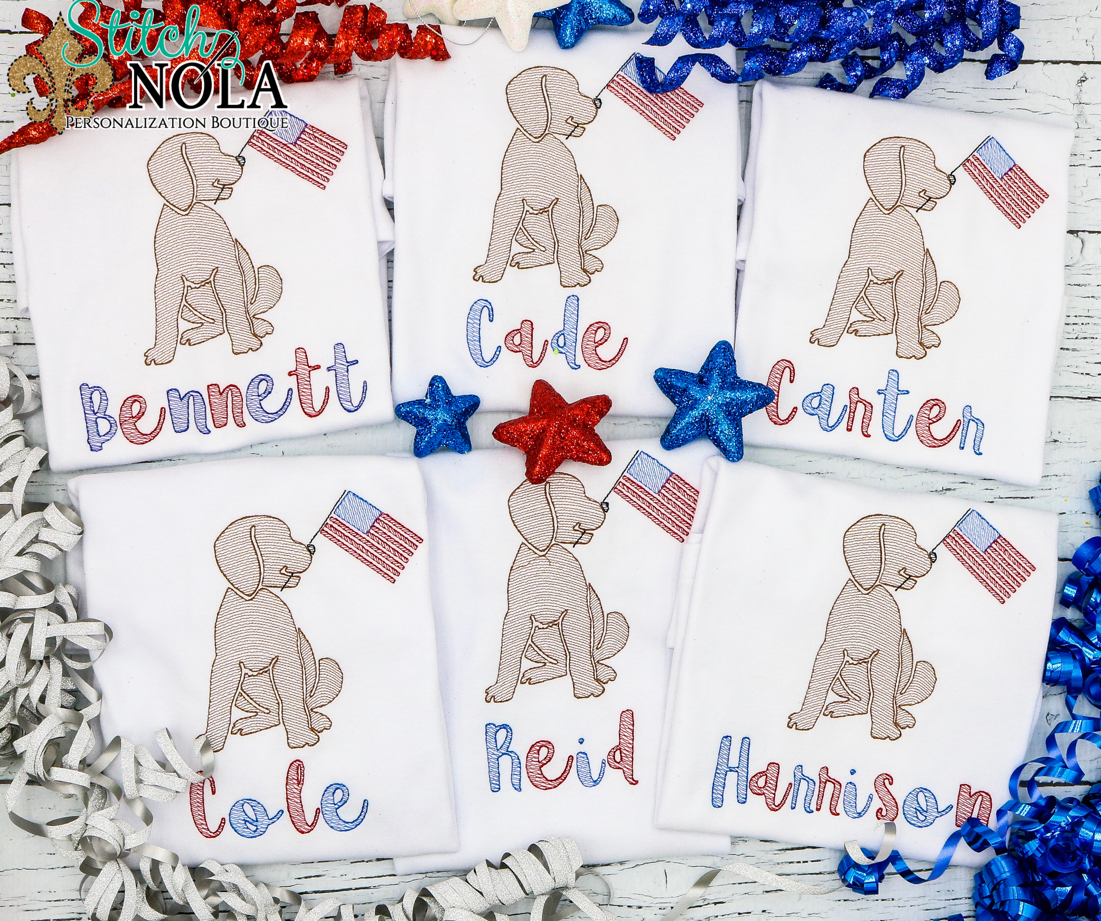 Personalized Lab Puppy With American Flag Sketch Shirt