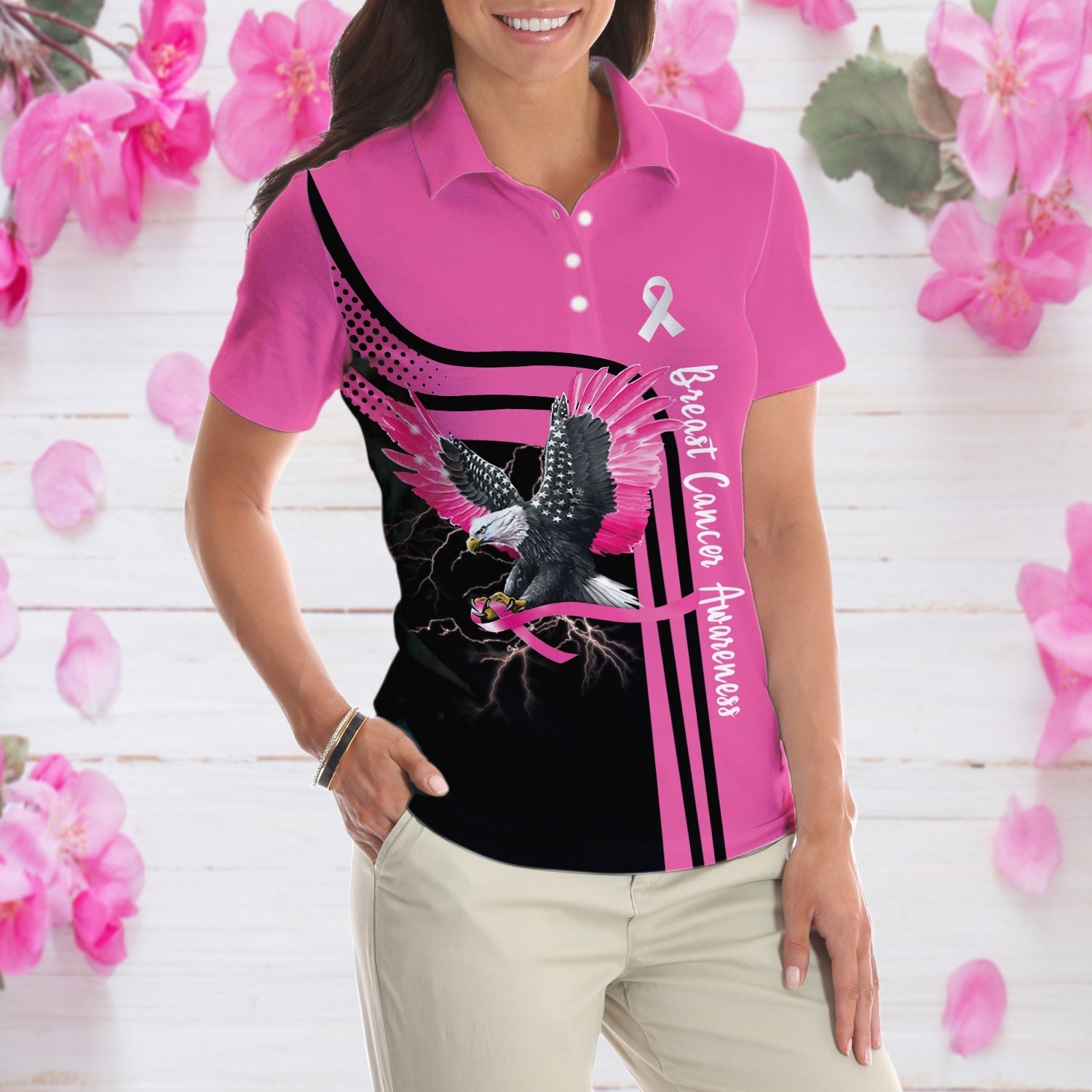 Be Stronger Than The Storm Breast Cancer Awareness Short Sleeve Women Polo Shirt, Eagle Awareness Ribbon Polo Shirt For Ladies Coolspod