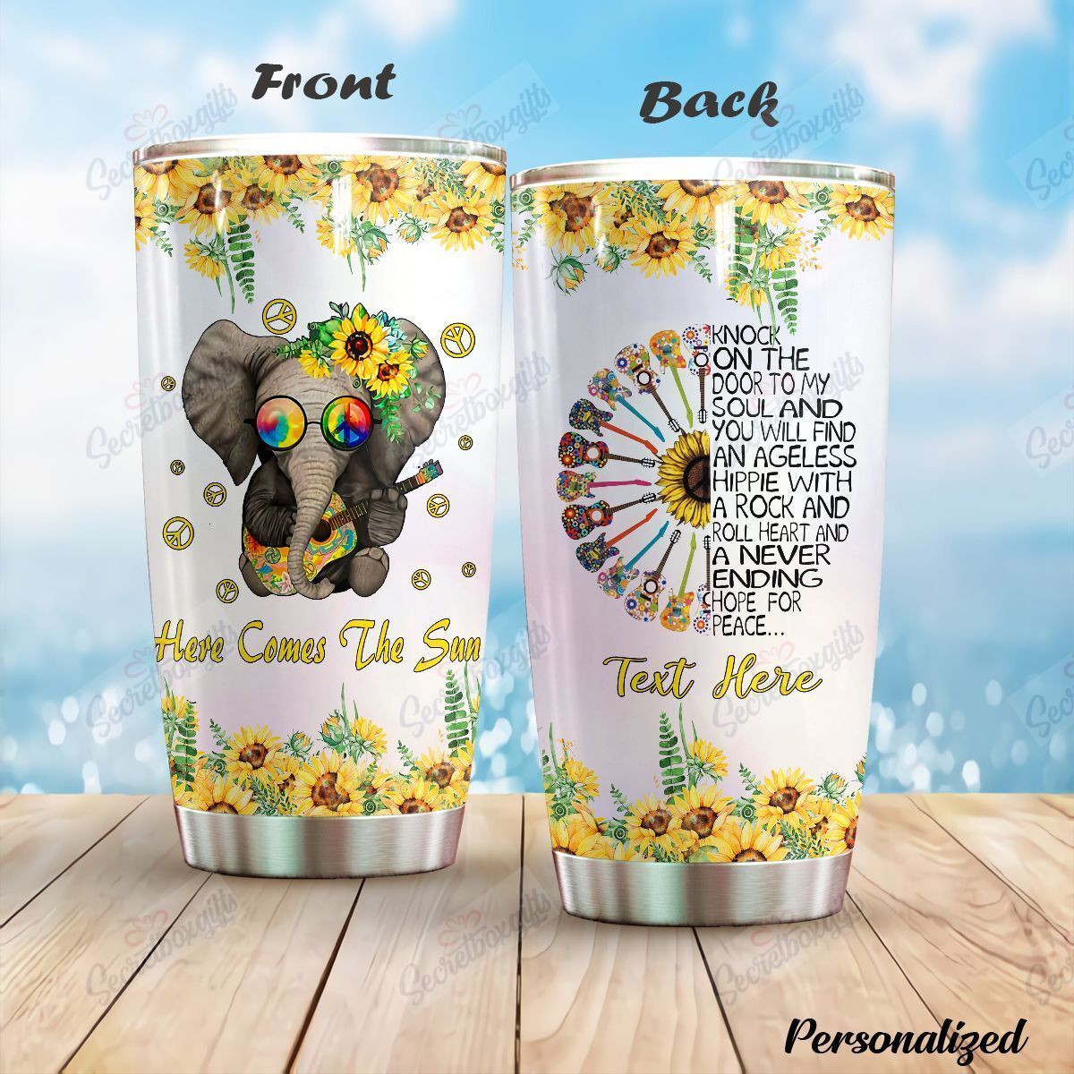 Guitar Elephant Here Comes The Sun Stainless Steel Personalized Stainless Steel Tumbler Customize Name, Text, Number Dhkka