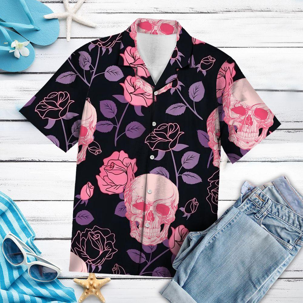 Pinky Skull Flower Hawaiian Shirt For Men, Hawaiian Shirt For Women, Aloha Shirt, Hawaii Shirt