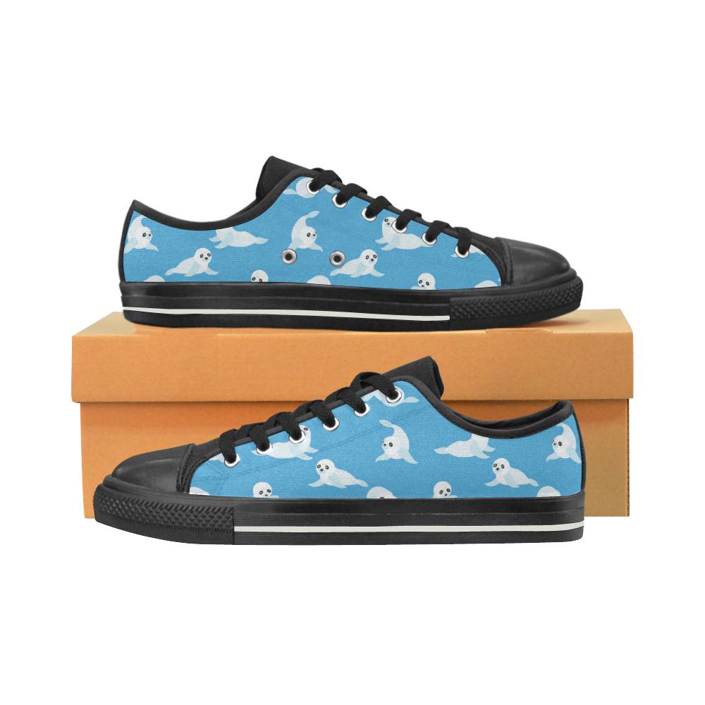 Cute Sea Lion Seal Pattern Background Kid’S Low Top Canvas Shoes Black