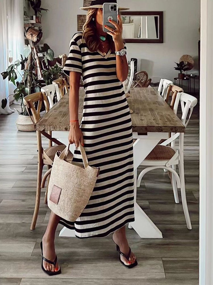 Women Casual Striped Print Summer Dress Elegant V Neck Short Sleeve Office Lady Dress Spring Striaght Side Slit Long Party Dress alx