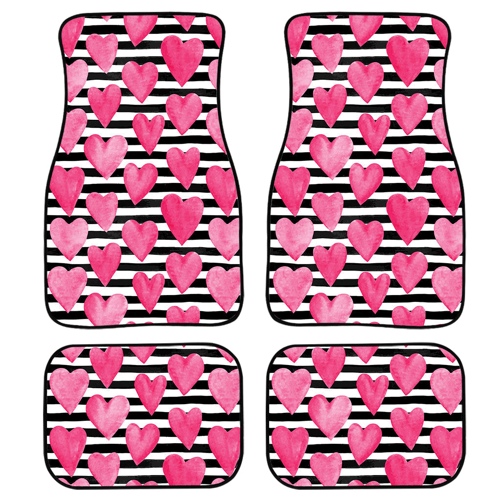 Black And White Striped Heart Print Front And Back Car Floor Mats, Front Car Mat